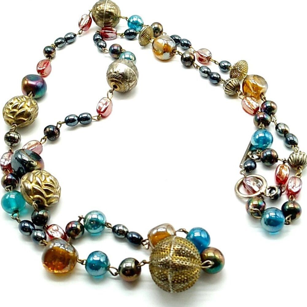 Vintage Long Necklace Multi-color Glass Beads with Metal Adornments & Chain Link